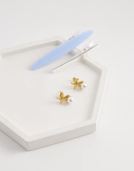 Lost Souls - Boucles d'oreilles étoile de mer en acier inoxydable plaqué or 18 carats avec perle nacrée, 2 de 4