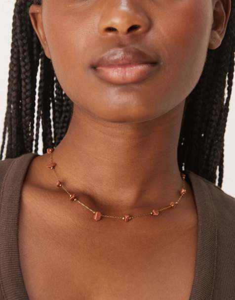 Lost Souls brown beaded chain necklace in 18ct gold plated stainless steel - view 1