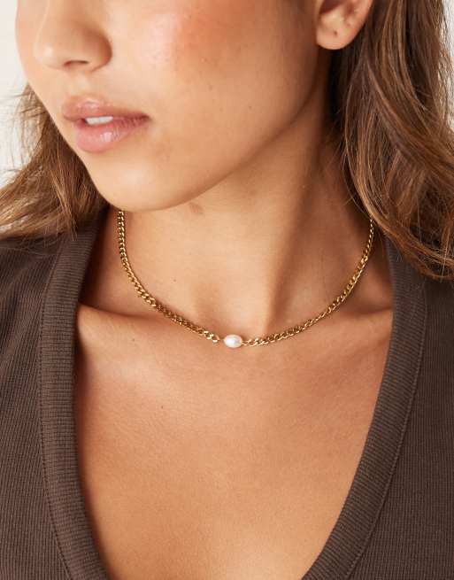 Lost Souls chain necklace with faux pearl detail in 18kt gold plated stainless steel