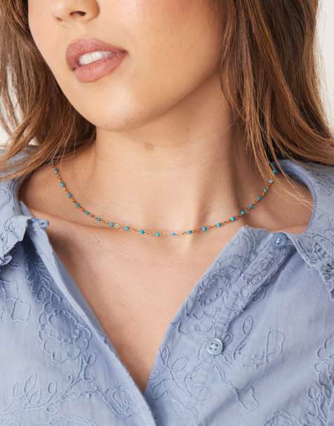 Lost Souls – Choker-Halskette aus Edelstahl mit 18-Karat-Vergoldung und türkisblauen Emaille-Perlen - view 1