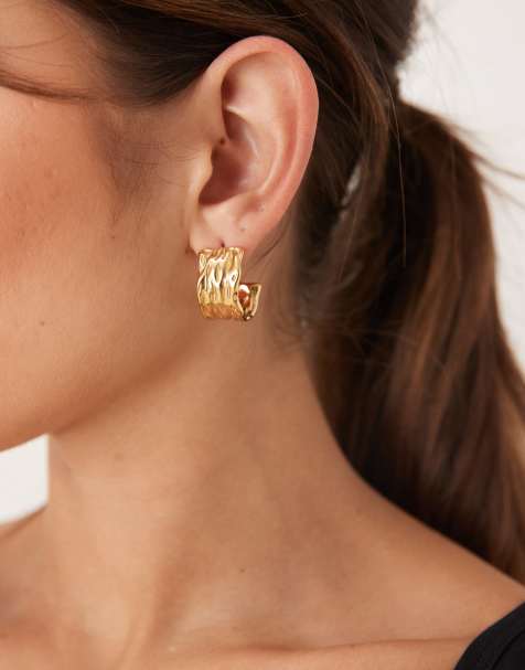 Lost Souls chunky hammered hoop earrings in 18ct gold plated stainless steel - view 1