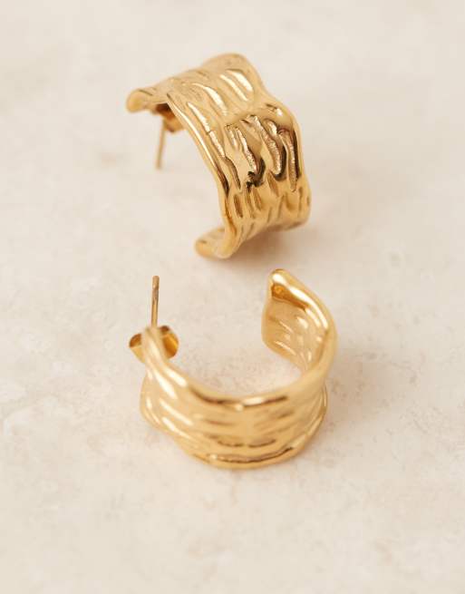 Lost Souls chunky hammered hoop earrings in 18ct gold plated stainless steel, 2 of 3