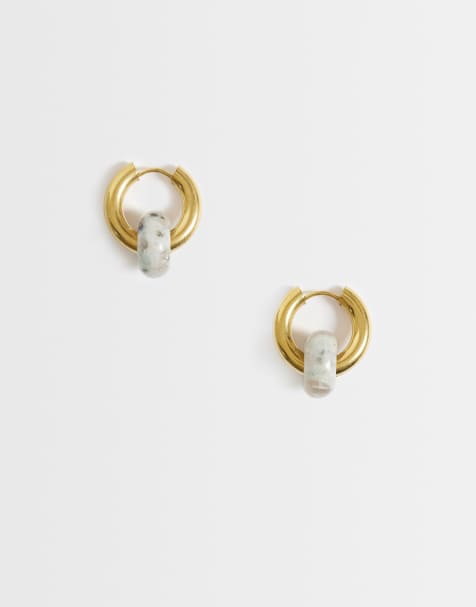Lost Souls chunky hoop earrings with blue natural stone charms in 18kt gold-plated stainless steel - view 1