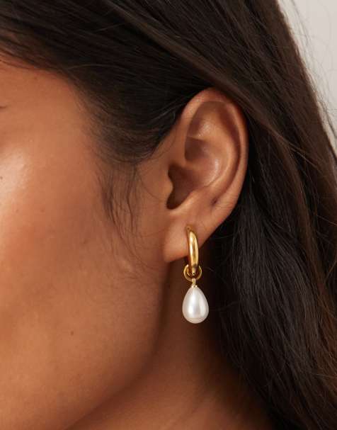 Lost Souls chunky hoop earrings with pearl charm in 18ct gold plated stainless steel - view 1