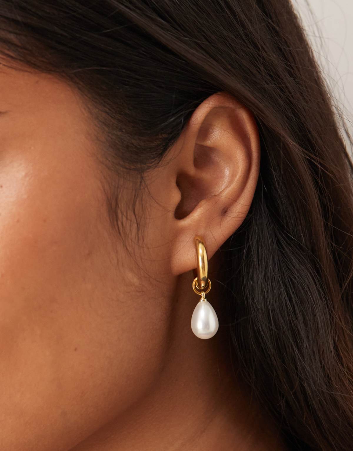Lost Souls chunky hoop earrings with pearl charm in 18ct gold plated stainless steel