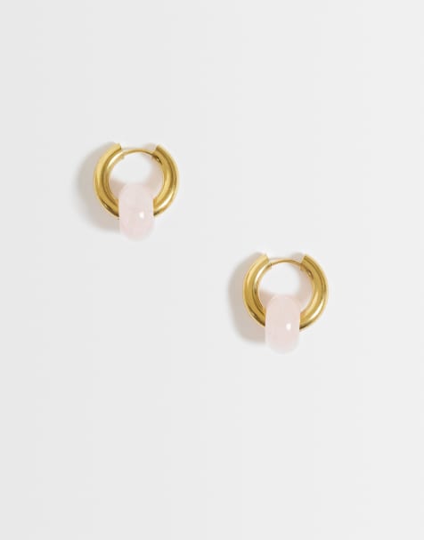 Lost Souls chunky hoop earrings with pink natural stone charm in 18kt gold-plated stainless steel - view 1
