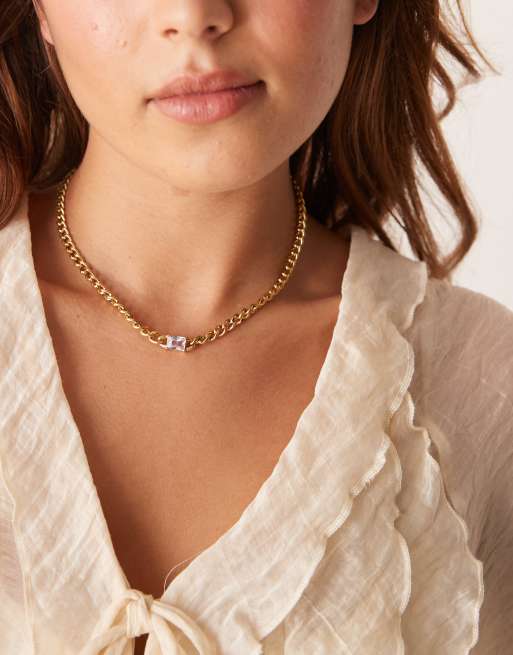 Lost Souls - Collana con catenina spessa in acciaio inossidabile placcato oro 18 k con cristallo