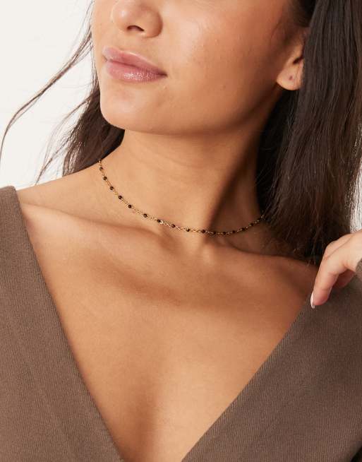 Lost Souls - Collana in acciaio inossidabile placcata oro 18 ct con perline smaltate nere