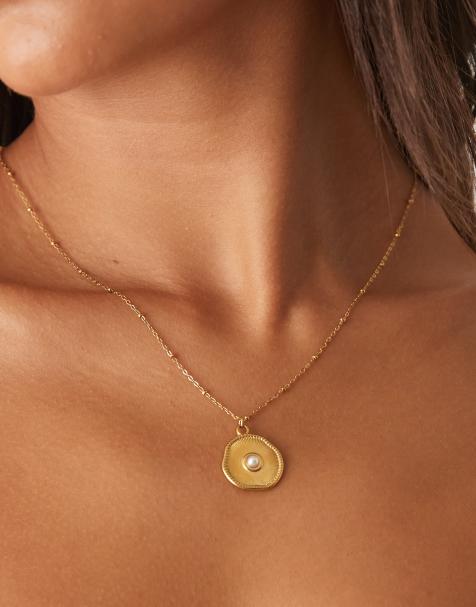 Lost Souls - Collier en acier inoxydable plaqué or 18 carats avec pendentif disque martelé orné d'une perle - view 1