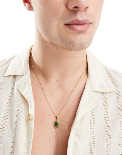 Lost Souls - Collier en acier inoxydable plaqué or 18 carats avec pendentif effet fondu et agate verte