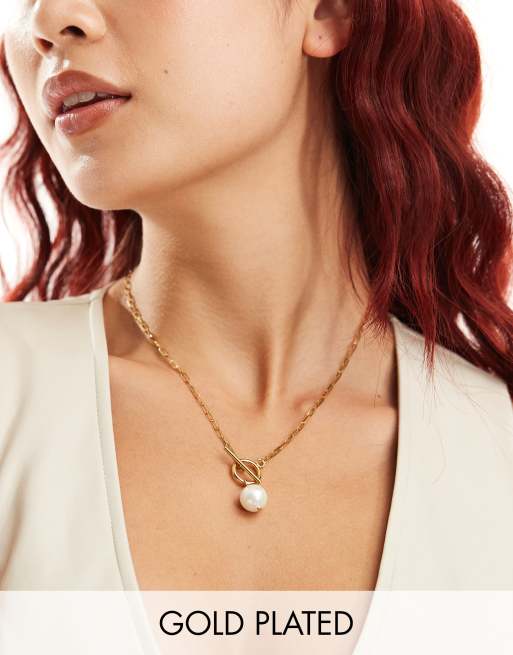 Lost Souls - Collier en acier inoxydable plaqué or 18 carats avec pendentif perle et barre en T