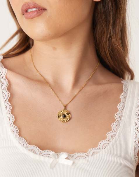 Lost Souls - Collier en acier inoxydable plaqué or 18 carats avec pendentif pièces effet fondu et pierre noire - view 1