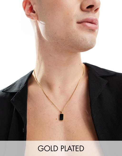 Lost Souls - Collier en acier inoxydable plaqué or 18 carats avec pendentif plaque - Noir