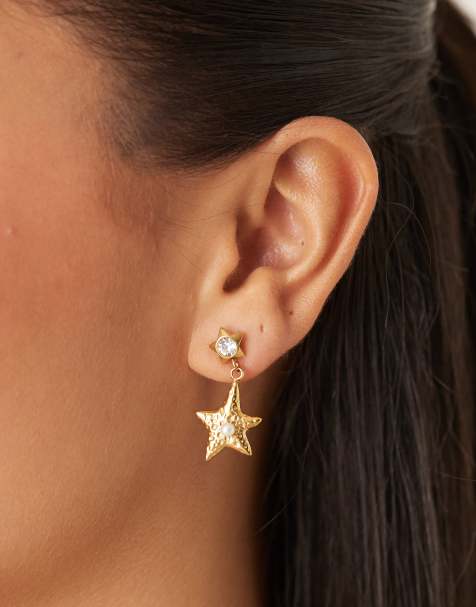 Lost Souls Crystal and Pearl star drop earrings in 18K gold plated - view 1