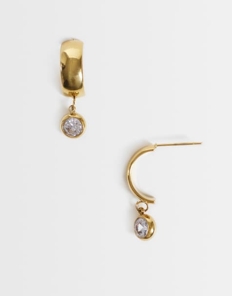 Lost Souls curve stud earrings with crystal drop charm in 18k gold plated stainless steel - view 1