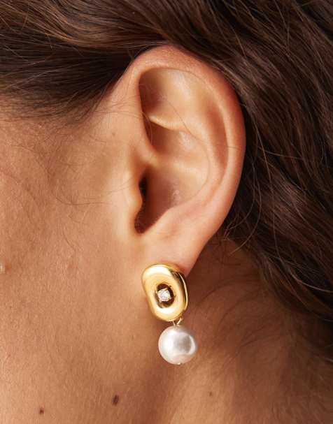 Lost Souls embellished stud earrings with faux pearl drops in 18kt gold plated stainless steel - view 1