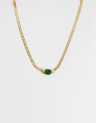 Lost Souls Flat Snake Chain With Green Crystal Pendant Necklace In Gold