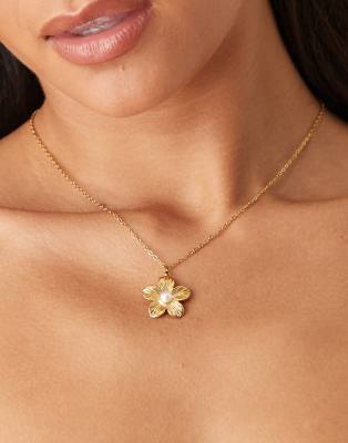 Lost Souls flower and pearl pendant necklace in 18K gold plated stainless steel - view 1