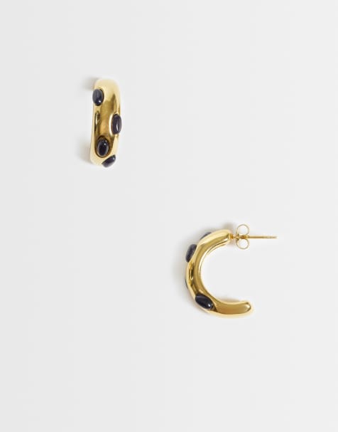 Lost Souls gray stone embellished hoop earrings in 18k gold plated stainless steel - view 1