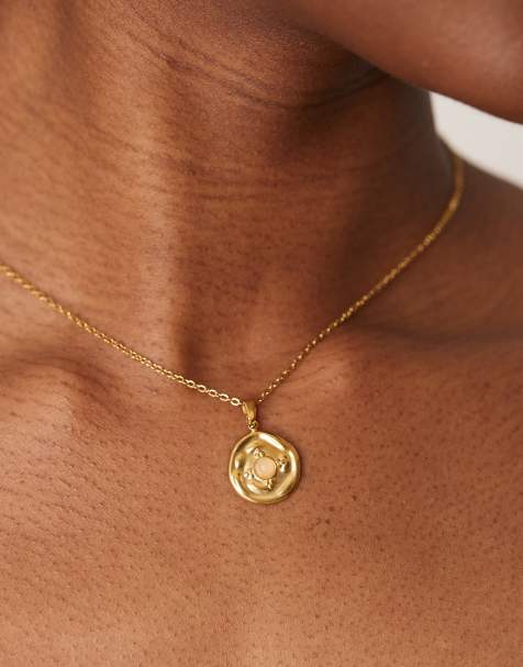 Lost Souls – Halskette aus Edelstahl mit 18-Karat vergoldetem Münzanhänger in geschmolzener Optik mit rosa Schmucksteinen - view 1