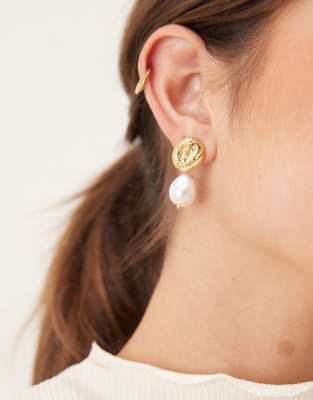 LOST SOULS Lost Souls hammered stud earrings with pearl detail in 18ct gold plated stainless steel