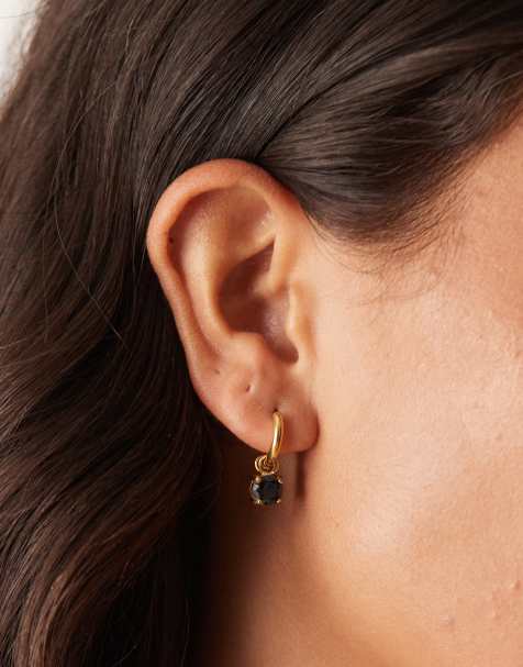 Lost Souls hoop earrings with black stone in 18ct gold plated stainless steel - view 1