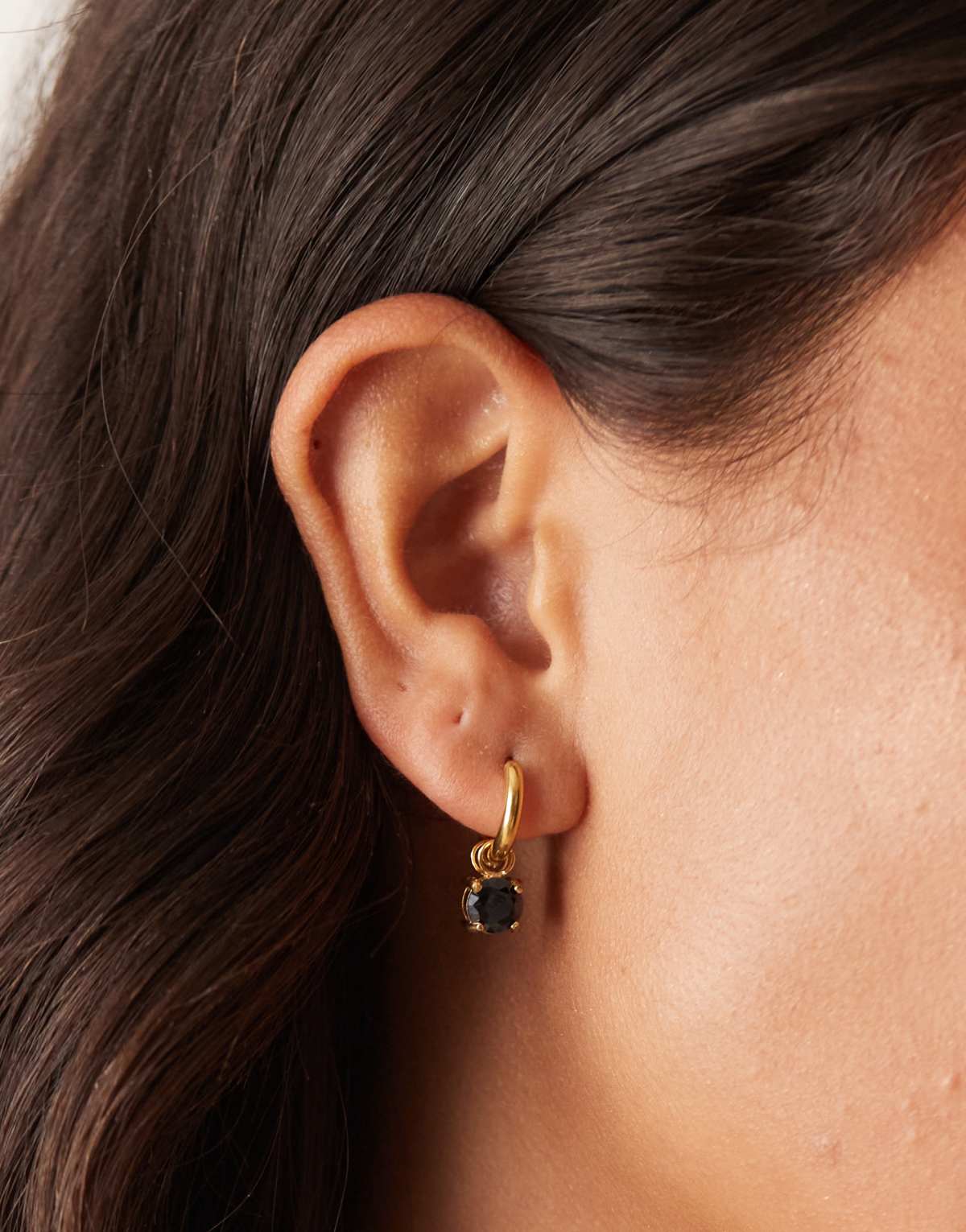 Lost Souls hoop earrings with black stone in 18ct gold plated stainless steel