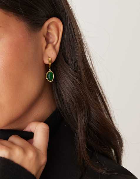 Lost Souls hoop earrings with dark green stone in 18ct gold plated stainless steel - view 1