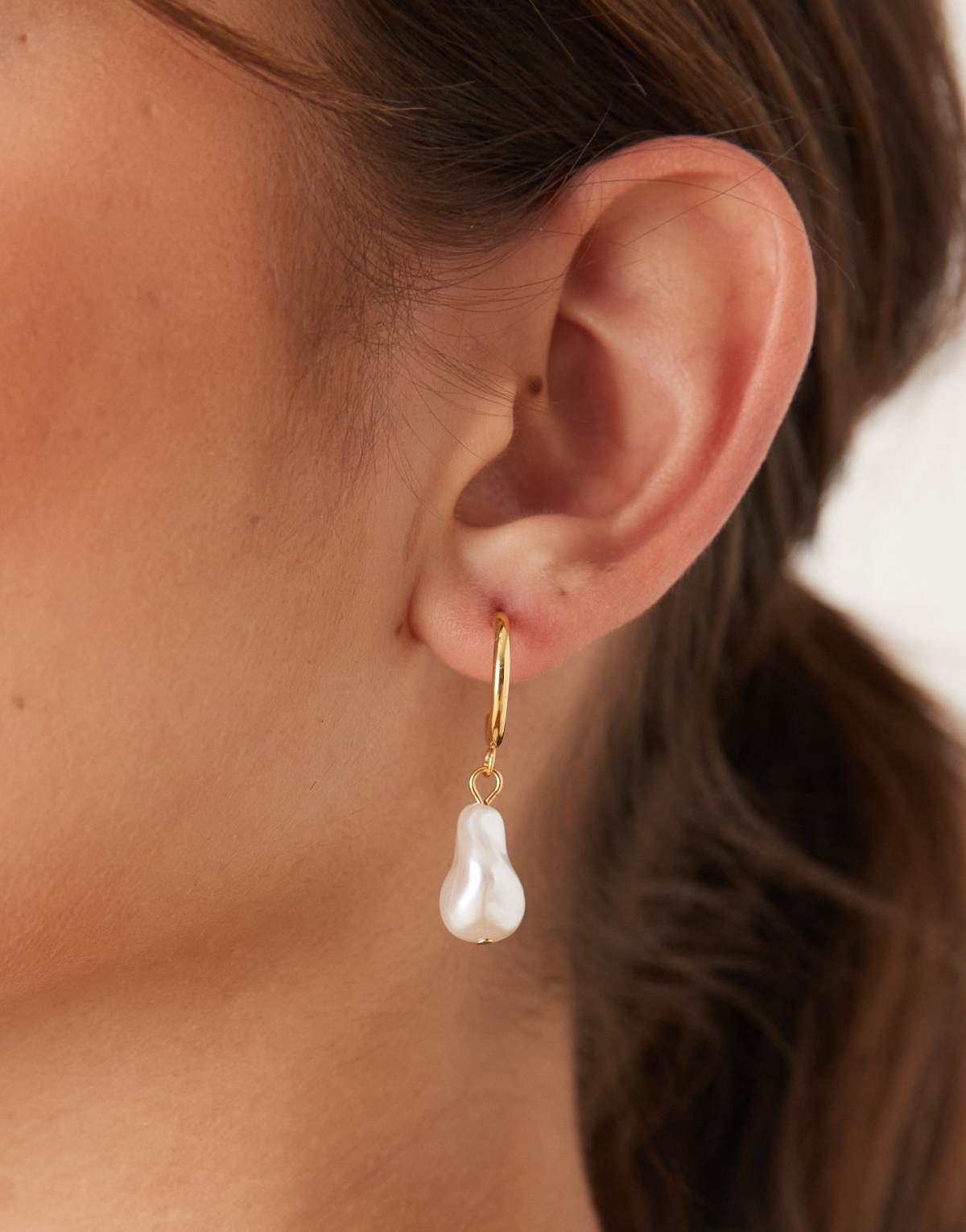 Lost Souls hoop earrings with molten pearl pendant in 18ct gold plated stainless steel