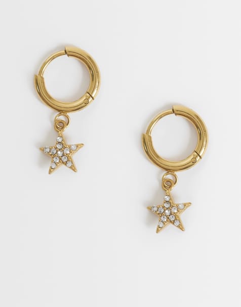 Lost Souls huggie hoop earrings with crystal star charm in 18k gold plated stainless steel - view 1