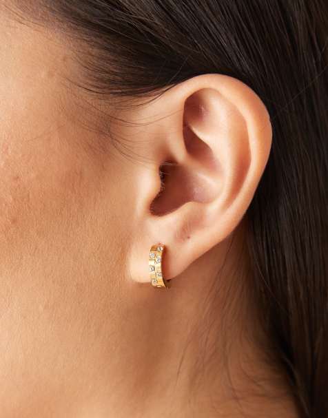 Lost Souls Huggie hoop earrings with embellished glass in 18K gold plated - view 1