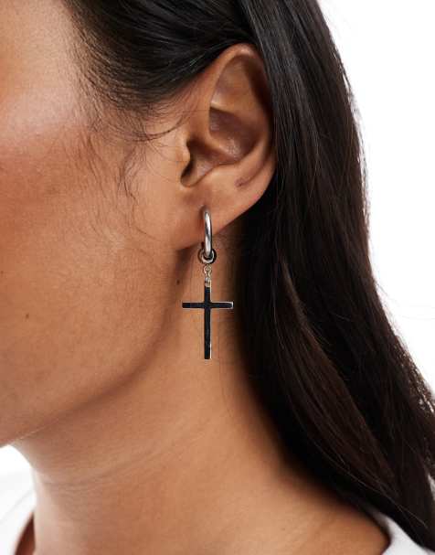 Lost Souls huggies with cross pendant earrings in stainless steel - view 1