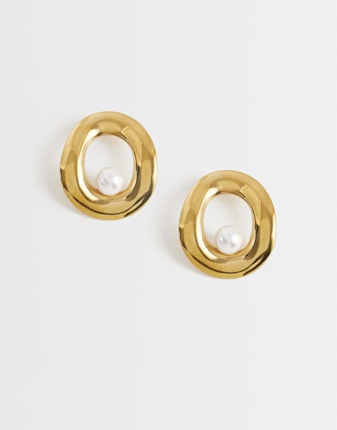 Lost Souls molten circle  pearl earrings in 18ct gold plated stainless steel - view 1