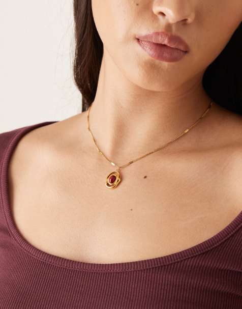 Lost Souls Molten pendant necklace with burgundy stone in 18K gold plated - view 1