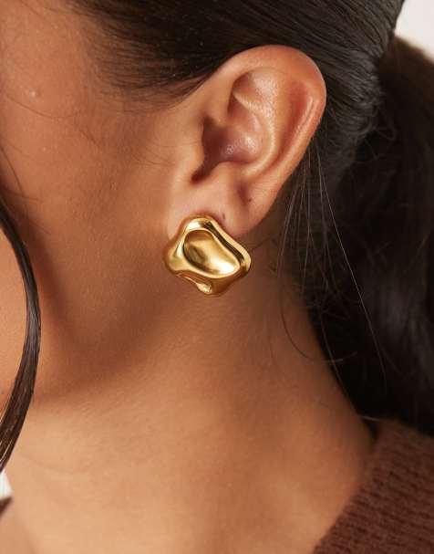 Lost Souls molten square stud earrings in 18ct gold plated stainless steel - view 1
