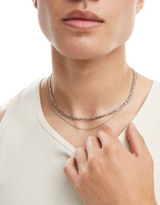 multi-layer figaro and thin chain necklace in stainless steel-Silver