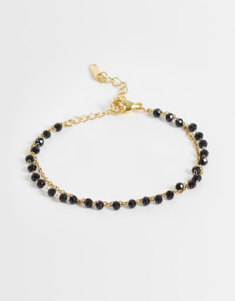 Lost Souls multirow chain bracelet with black glass beads in 18kt gold-plated stainless steel - view 1