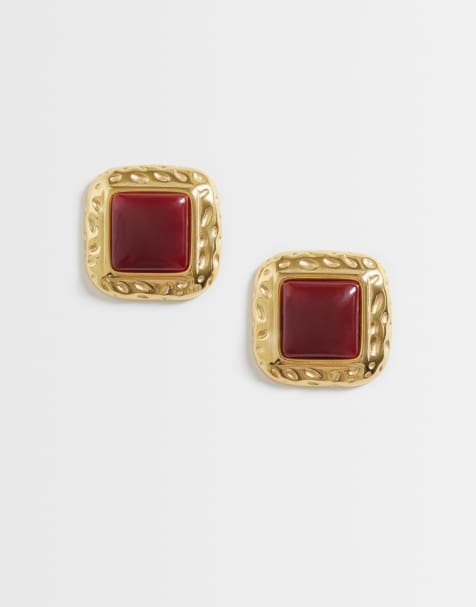 Lost Souls orecchini a bottone vintage statement in bordeaux e acciaio inossidabile placcato oro 18k - view 1