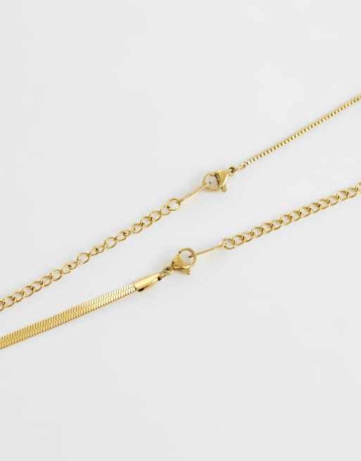 Lost Souls - Pack de 2 collares de cadena de serpiente de acero inoxidable chapado en oro de 18 quilates, 3 de 4