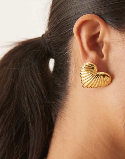 Lost Souls ridged heart statement stud earrings in 18ct gold plated stainless steel - view 1