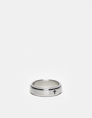 Lost Souls stainless 5mm steel flip band ring with engraved cross in platinum - ASOS Price Checker