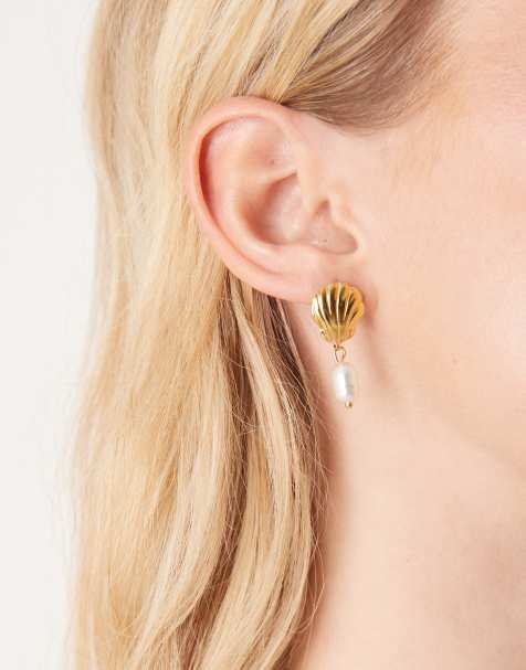 Lost Souls stainless steel 18ct gold plated shell and pearl drop earrings - view 1