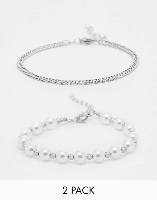  Lost Souls stainless steel beaded pearl and stainless steel chain bracelet 2 pack in white