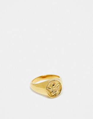 stainless steel cherub signet pinky ring in gold