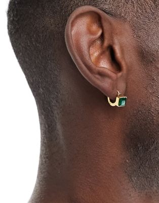 Lost Souls stainless steel chunky huggies hoop earrings with emerald glass in gold - ASOS Price Checker