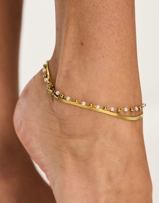 Lost Souls stainless steel double layer anklet with pearl detail in gold