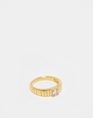 Lost Souls stainless steel etched band ring with crystal embellishment in gold - ASOS Price Checker