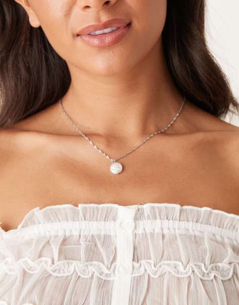Lost Souls stainless steel flat pearl pendant necklace in silver - view 1