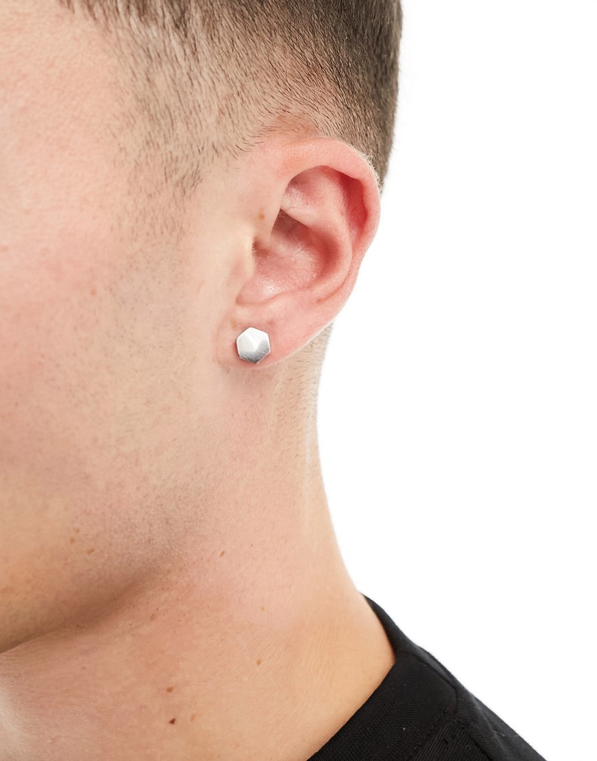 stainless steel hexagonal plug earrings in platinum-Silver