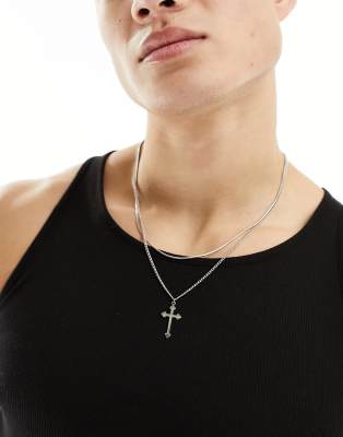 stainless steel layered cross necklace in platinum-Silver